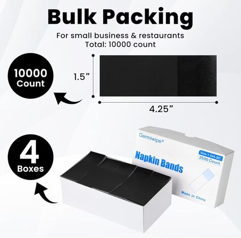 Germiwipe Pack of 10,000 Black Paper Napkin Bands Self Adhesive, 1.5x4.25 Inch Silverware Wraps Band Paper Napkin Rings for Restaurant, Party, Wedding, (4 Boxes x 2,500) in Kuwait