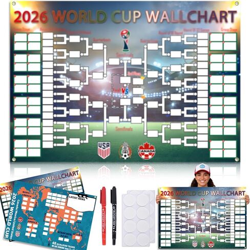 qiyeye 2 قطعة جدول رياضي لكأس العالم 2026 ملصق لتزيين حفلات كرة القدم ومخطط حائط لكرة القدم ومخطط معلومات الفريق النهائي 48 فريق عرض 27.6x20 بوصة هدايا بضائع مقاومة للماء للمعجبين in Saudi Arabia