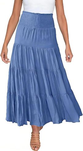 Oplxuo Women's Boho Maxi Skirt Smocked Drawstring Waist Ruffle Hem Tiered Flowy Skirt for Beach & Vacation in Saudi Arabia
