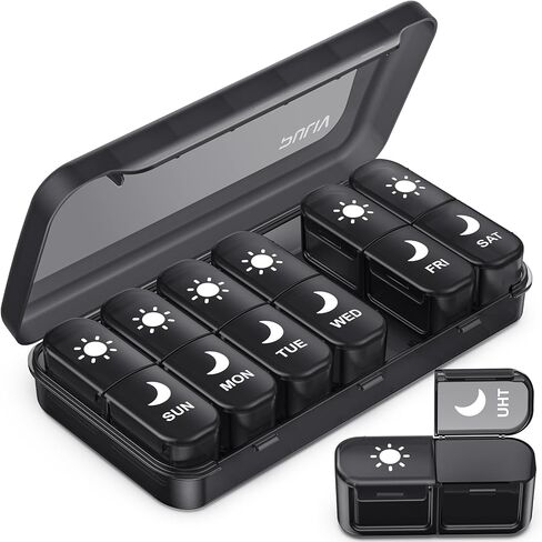 منظم حبوب منع الحمل الأسبوعي الكبير من PULIV مرتين في اليوم مع مطبوعات للوجه لسهولة تتبع حبوب منع الحمل، حقيبة حبوب منع الحمل صباحًا ومساءً مع حماية مزدوجة، صندوق حبوب سفر مدمج 7 أيام للفيتامينات وزيوت السمك والمكملات الغذائية in Kuwait