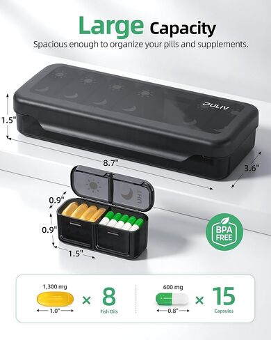 منظم حبوب منع الحمل الأسبوعي الكبير من PULIV مرتين في اليوم مع مطبوعات للوجه لسهولة تتبع حبوب منع الحمل، حقيبة حبوب منع الحمل صباحًا ومساءً مع حماية مزدوجة، صندوق حبوب سفر مدمج 7 أيام للفيتامينات وزيوت السمك والمكملات الغذائية in Kuwait