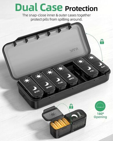 منظم حبوب منع الحمل الأسبوعي الكبير من PULIV مرتين في اليوم مع مطبوعات للوجه لسهولة تتبع حبوب منع الحمل، حقيبة حبوب منع الحمل صباحًا ومساءً مع حماية مزدوجة، صندوق حبوب سفر مدمج 7 أيام للفيتامينات وزيوت السمك والمكملات الغذائية in Kuwait