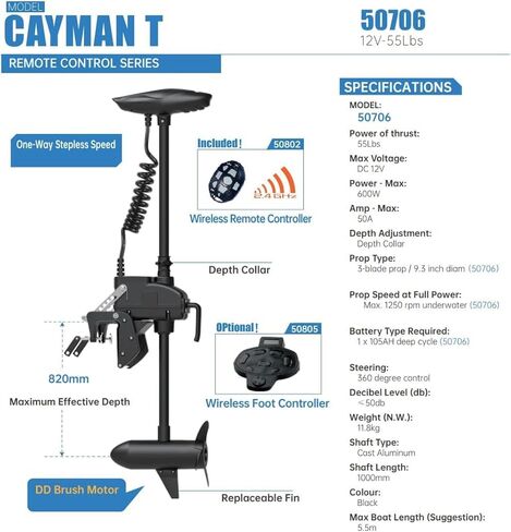 محرك التصيد Zichen Haswing CaymanT Transom-Mount مع جهاز تحكم لاسلكي عن بعد وتحكم في القدم - قوة دفع 55 رطل، 39 بوصة. عمود لقارب صيد الكاياك في المياه العذبة والمياه المالحة in Saudi Arabia