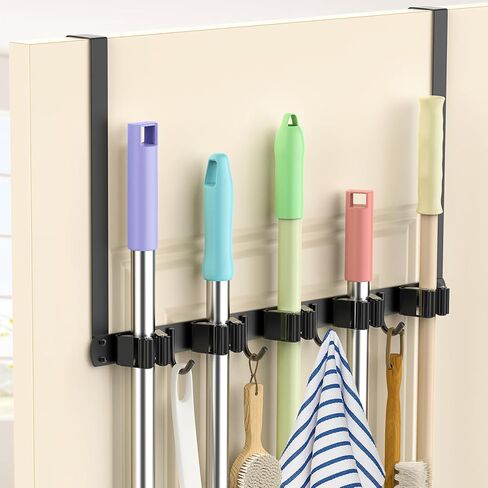 Broom Holder Over The Door Drilling Free Mop and Broom Holder with 4 Over Door Hook, Metal Mop and broom hanger Wall Mount Broom Storage Tool Organizer for Laundry Room Garage Bathroom - white in Saudi Arabia