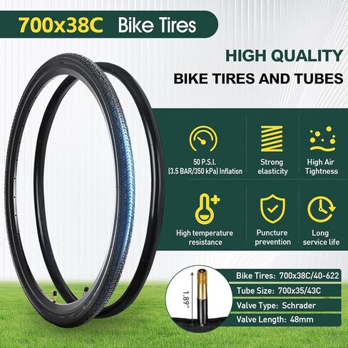 إطارات دراجة 700C، إطار دراجة 700 × 38C (40-622)، إطارات دراجة ومجموعة أنابيب مع صمام شريدر 48 مم، إطارات دراجة طريق 700x38c لإطارات وأنابيب دراجة 700 × 35C/36C/37C/38C/40C، 2 رافعة إطارات، 2 شريط حافة in Kuwait