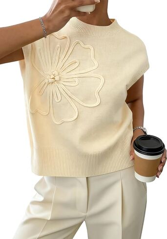 Womens Sweater Vest, 3D Floral Knit Tank Top Sleeveless Sweater Fall Summer Casual Wear in Saudi Arabia