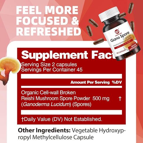 Organic Reishi Mushroom Capsules with 100% Ganoderma Lucidum Reishi Spore Powder for Boost Immune System, Vegan, All Natural, Non-GMO & Gluten Free, 90 Veggie Capsules in Saudi Arabia
