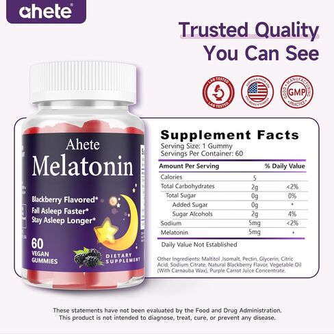 Melatonin 5mg Gummies for Adults, Raspberry Flavor Sleep Aid, Sugar-Free, 60 Gummies, 60 Days Supply in Saudi Arabia