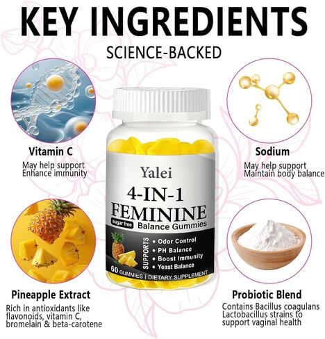 4-in-1 Nuora Premium Feminine Balance Gummies & PH Balance Gummies for Women - Immune Support & Healthy Odor & Flora - Vegan,Non-GMO - Hawaiian Pineapple,60 Count in Kuwait