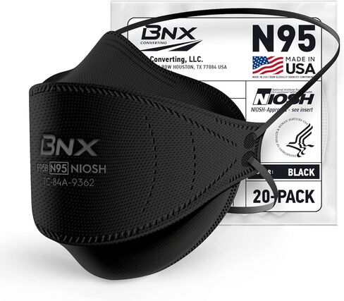 BNX N95 Mask NIOSH Certified MADE IN USA Particulate Respirator Protective Face Mask, Tri-Fold Cup/Fish Style, (20-Pack, Approval Number TC-84A-9362 / Model F95B) Black in Kuwait