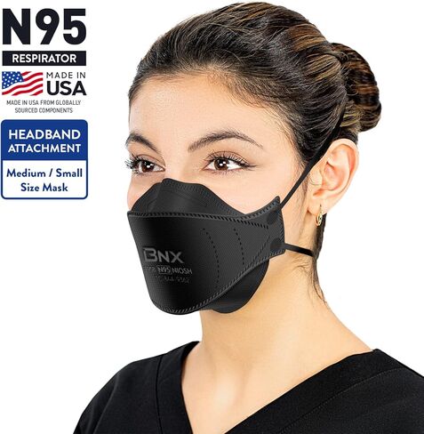 BNX N95 Mask NIOSH Certified MADE IN USA Particulate Respirator Protective Face Mask, Tri-Fold Cup/Fish Style, (20-Pack, Approval Number TC-84A-9362 / Model F95B) Black in Kuwait