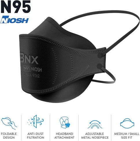 BNX N95 Mask NIOSH Certified MADE IN USA Particulate Respirator Protective Face Mask, Tri-Fold Cup/Fish Style, (20-Pack, Approval Number TC-84A-9362 / Model F95B) Black in Kuwait