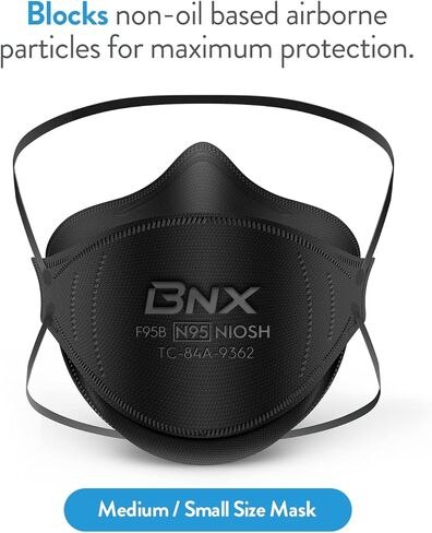 BNX N95 Mask NIOSH Certified MADE IN USA Particulate Respirator Protective Face Mask, Tri-Fold Cup/Fish Style, (20-Pack, Approval Number TC-84A-9362 / Model F95B) Black in Kuwait