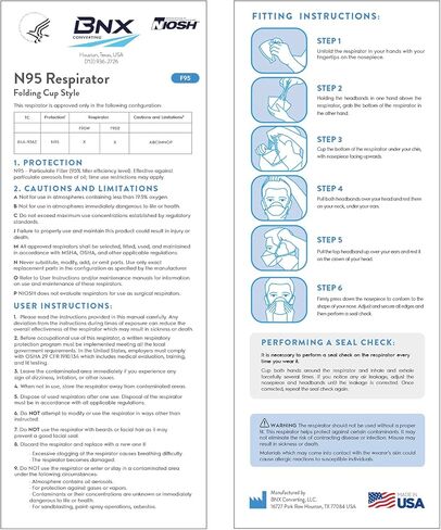 BNX N95 Mask NIOSH Certified MADE IN USA Particulate Respirator Protective Face Mask, Tri-Fold Cup/Fish Style, (20-Pack, Approval Number TC-84A-9362 / Model F95B) Black in Kuwait