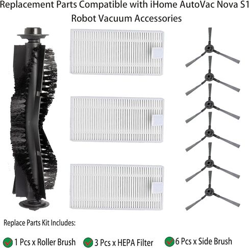 Replacement Part for iHome AutoVac Nova S1 Pro Robot Vacuum Accessories | Parts # iHRVS1PRO-3BLK, iHRVS1-3BLKS, iHRV9-BLKS | Include 1 Main Brush+6 Side Brushes+3 Filters in Kuwait