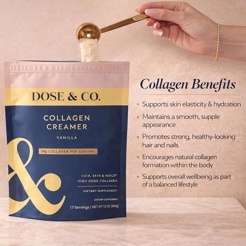 دوز آند كو. مسحوق كريمر الكولاجين بالفانيليا، 12 أونصة | الكولاجين البقري المتحلل من النوع الأول والثالث مع 11 جرام بروتين لكل وجبة | يدعم الشعر والبشرة والأظافر | التوافر البيولوجي العالي، غير معدل وراثيًا، خالي من الغلوتين in Kuwait