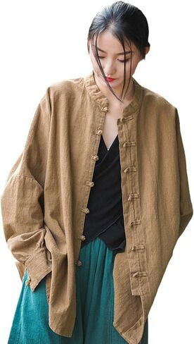 Women's Cotton Linen Shirt Button Jacket Vintage Long Sleeve Blouses Coat Top Spring AutumnCasual Wear in Kuwait