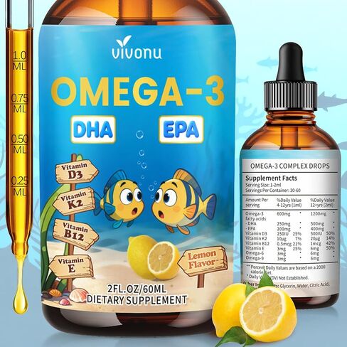 VivoNu Omega 3 for Kids, Children’s DHA Omega 3 6 9 Drops | 600mg Total Omega-3s with EPA & DHA| Brain Development & Mood, Learning - Non-GMO(2Fl Oz) in Kuwait