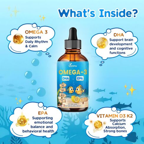 VivoNu Omega 3 for Kids, Children’s DHA Omega 3 6 9 Drops | 600mg Total Omega-3s with EPA & DHA| Brain Development & Mood, Learning - Non-GMO(2Fl Oz) in Kuwait