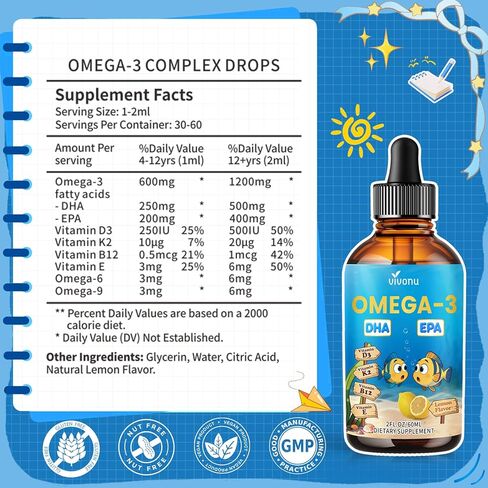 VivoNu Omega 3 for Kids, Children’s DHA Omega 3 6 9 Drops | 600mg Total Omega-3s with EPA & DHA| Brain Development & Mood, Learning - Non-GMO(2Fl Oz) in Kuwait