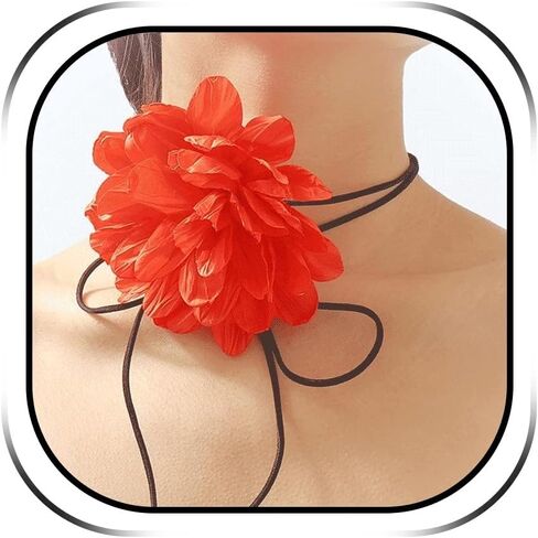 Flower Choker Necklace for Women Rose Floral Choker Tassel Satin Blue/Gold/Silver/Gold Flower Necklace for Girls Vintage Collar Necklace Jewelry in Kuwait