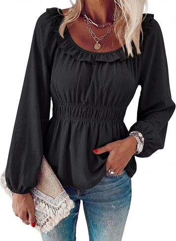 Womens Puff Long Sleeve Babydoll Tops Square Neck Ruffle Peplum Blouse Smocked Loose Fit Tunic Top Dressy Tee Shirts in Kuwait