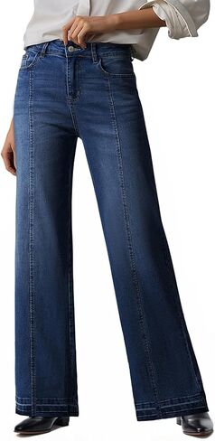 EVALESS Womens Jeans Trendy High Waist Straight Leg Wide Leg Frayed Baggy Raw Hem Boyfriends Stretchy Denim Pants in Saudi Arabia