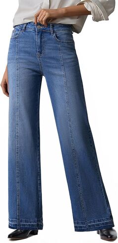 EVALESS Womens Jeans Trendy High Waist Straight Leg Wide Leg Frayed Baggy Raw Hem Boyfriends Stretchy Denim Pants in Saudi Arabia