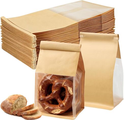 100 قطعة من أكياس الخبز للعجين المخمر محلي الصنع، حقيبة ورق كرافت للكعك مقاس 5.1 × 4.13 × 11 بوصة، حقيبة حلوى بقفل من القصدير مع نافذة لتغليف الخبز المنزلي في مقهى المخابز in Kuwait