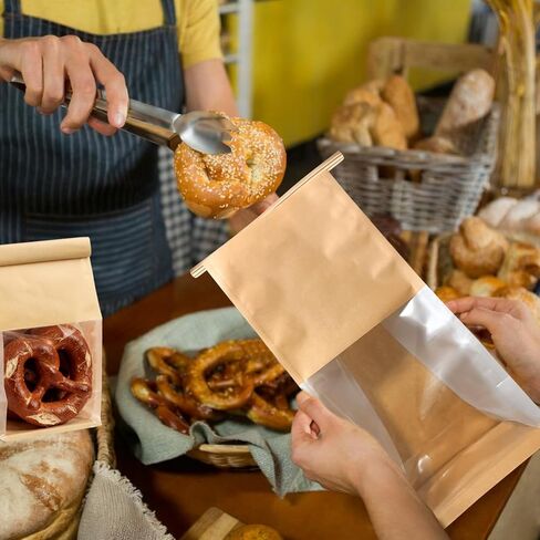 100 قطعة من أكياس الخبز للعجين المخمر محلي الصنع، حقيبة ورق كرافت للكعك مقاس 5.1 × 4.13 × 11 بوصة، حقيبة حلوى بقفل من القصدير مع نافذة لتغليف الخبز المنزلي في مقهى المخابز in Kuwait