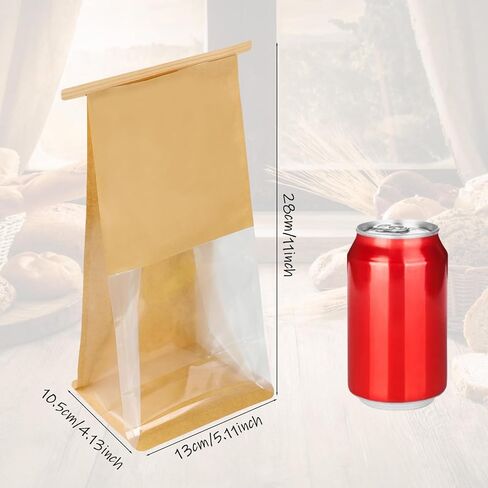 100 قطعة من أكياس الخبز للعجين المخمر محلي الصنع، حقيبة ورق كرافت للكعك مقاس 5.1 × 4.13 × 11 بوصة، حقيبة حلوى بقفل من القصدير مع نافذة لتغليف الخبز المنزلي في مقهى المخابز in Kuwait