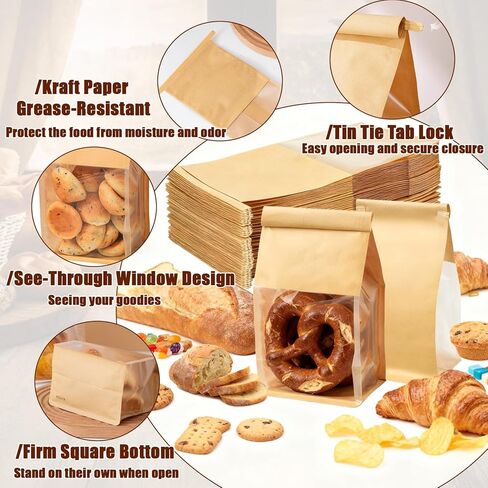 100 قطعة من أكياس الخبز للعجين المخمر محلي الصنع، حقيبة ورق كرافت للكعك مقاس 5.1 × 4.13 × 11 بوصة، حقيبة حلوى بقفل من القصدير مع نافذة لتغليف الخبز المنزلي في مقهى المخابز in Kuwait