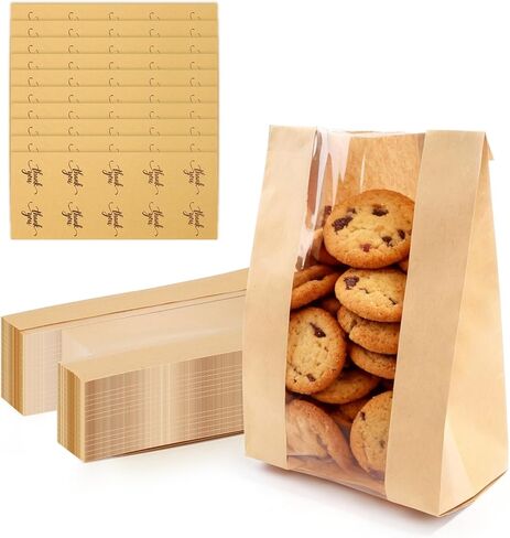 100 قطعة من أكياس البسكويت من WYTAOHZL مقاس 7.48 × 3.93 × 2.36 بوصة أكياس ورقية بنية مع ملصقات حقيبة مخبز كرافت مع نافذة للبسكويت والوجبات الخفيفة والحلوى in Kuwait