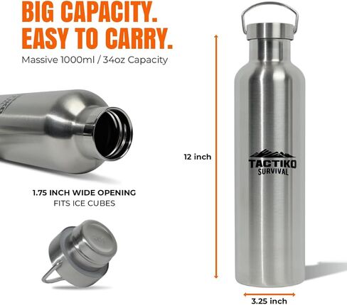 زجاجة مياه من الفولاذ المقاوم للصدأ معزولة بفم واسع سعة 1000 مل / 34 أونصة من تاكتيكو سيرفايفال، عزل مزدوج للجدار - مقاومة للتسرب، خالية من البيسفينول أ مع فرشاة تنظيف للتخييم والمشي لمسافات طويلة والإعداد في الهواء الطلق in Kuwait