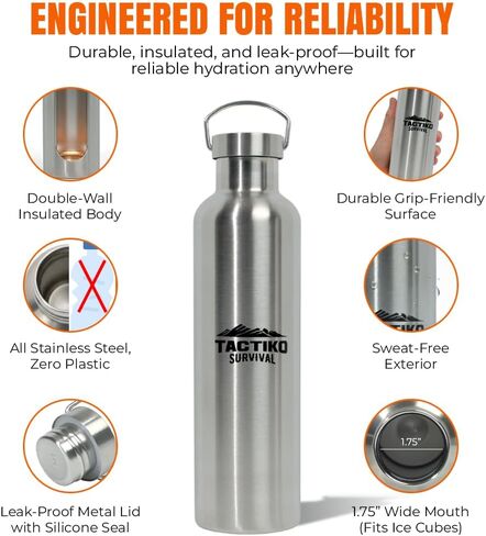 زجاجة مياه من الفولاذ المقاوم للصدأ معزولة بفم واسع سعة 1000 مل / 34 أونصة من تاكتيكو سيرفايفال، عزل مزدوج للجدار - مقاومة للتسرب، خالية من البيسفينول أ مع فرشاة تنظيف للتخييم والمشي لمسافات طويلة والإعداد في الهواء الطلق in Kuwait