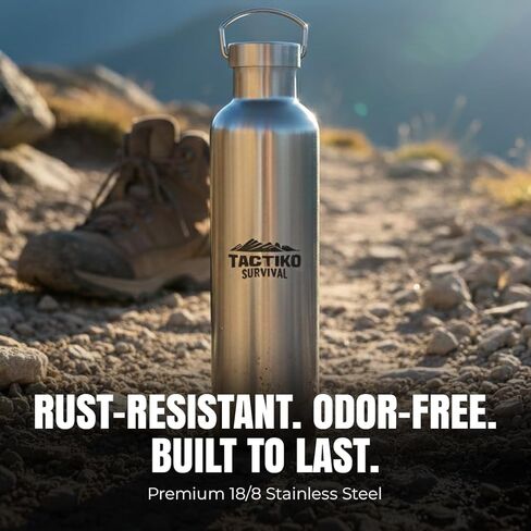 زجاجة مياه من الفولاذ المقاوم للصدأ معزولة بفم واسع سعة 1000 مل / 34 أونصة من تاكتيكو سيرفايفال، عزل مزدوج للجدار - مقاومة للتسرب، خالية من البيسفينول أ مع فرشاة تنظيف للتخييم والمشي لمسافات طويلة والإعداد في الهواء الطلق in Kuwait