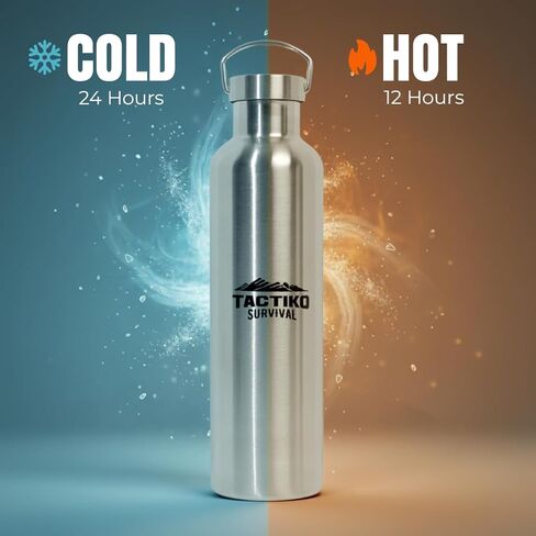 زجاجة مياه من الفولاذ المقاوم للصدأ معزولة بفم واسع سعة 1000 مل / 34 أونصة من تاكتيكو سيرفايفال، عزل مزدوج للجدار - مقاومة للتسرب، خالية من البيسفينول أ مع فرشاة تنظيف للتخييم والمشي لمسافات طويلة والإعداد في الهواء الطلق in Kuwait