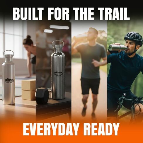 زجاجة مياه من الفولاذ المقاوم للصدأ معزولة بفم واسع سعة 1000 مل / 34 أونصة من تاكتيكو سيرفايفال، عزل مزدوج للجدار - مقاومة للتسرب، خالية من البيسفينول أ مع فرشاة تنظيف للتخييم والمشي لمسافات طويلة والإعداد في الهواء الطلق in Kuwait