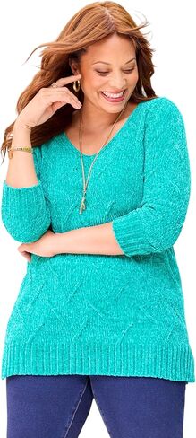Women's Plus Size Chenille Pointelle V-Neck Pullover in Saudi Arabia