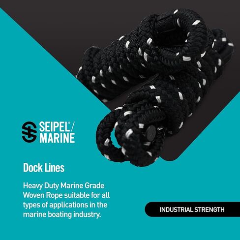 خطوط قفص الاتهام 1/2 بوصة - حبل بحري مزدوج مضفر - إرساء قارب للخدمة الشاقة - مقاوم للأشعة فوق البنفسجية والتآكل - درجة بحرية مع حلقة 10 بوصة - أسود مع تتبع فضي - 6 أقدام in Kuwait