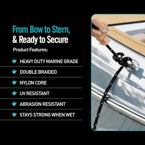 خطوط قفص الاتهام 1/2 بوصة - حبل بحري مزدوج مضفر - إرساء قارب للخدمة الشاقة - مقاوم للأشعة فوق البنفسجية والتآكل - درجة بحرية مع حلقة 10 بوصة - أسود مع تتبع فضي - 6 أقدام in Kuwait