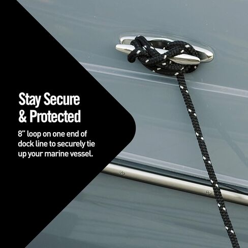 خطوط قفص الاتهام 1/2 بوصة - حبل بحري مزدوج مضفر - إرساء قارب للخدمة الشاقة - مقاوم للأشعة فوق البنفسجية والتآكل - درجة بحرية مع حلقة 10 بوصة - أسود مع تتبع فضي - 6 أقدام in Kuwait