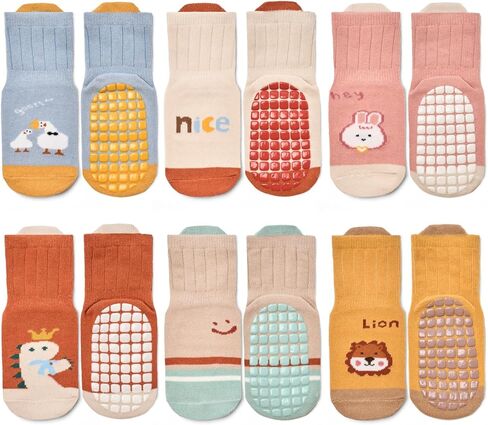 Non-Slip Toddler Grip Socks with Anti Skid Soles，Unisex Cotton Crew Ankle Socks for Baby Boys Girls Kids 6 Pairs in Kuwait
