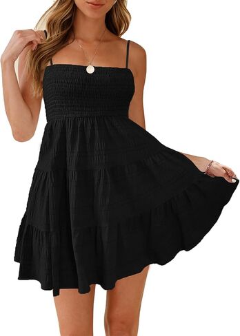 HVEPUO Women Spaghetti Strap Sleeveless Smock Cami Mini Dress Summer Vacation Flowy Boho A Line Swing Short Dresses for Women in Saudi Arabia