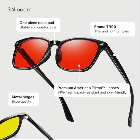 Solmoon - Blue Light Blocking Glasses - Sunset Yellow Lens + Deep Night Red Lens, American Tritan™ BPA-Free Lenses, Includes 2 Pouches & Cleaning Cloth - Men & Women Red Lens Glasses in Saudi Arabia