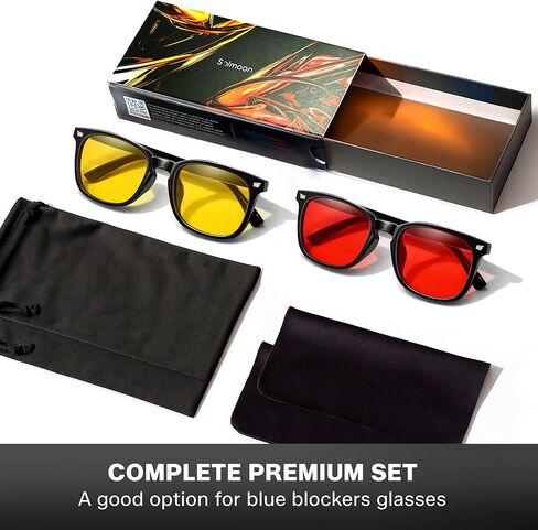 Solmoon - Blue Light Blocking Glasses - Sunset Yellow Lens + Deep Night Red Lens, American Tritan™ BPA-Free Lenses, Includes 2 Pouches & Cleaning Cloth - Men & Women Red Lens Glasses in Saudi Arabia