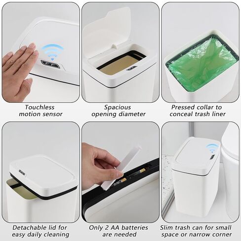 4 Gallon Plastic Automatic Bathroom Trash Can with Lid, 15 L Touchless Motion Sensor Trash Can for Kitchen Bedroom Office, White, F in Kuwait