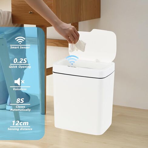 4 Gallon Plastic Automatic Bathroom Trash Can with Lid, 15 L Touchless Motion Sensor Trash Can for Kitchen Bedroom Office, White, F in Kuwait