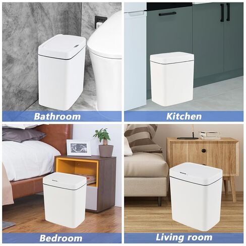 4 Gallon Plastic Automatic Bathroom Trash Can with Lid, 15 L Touchless Motion Sensor Trash Can for Kitchen Bedroom Office, White, F in Kuwait