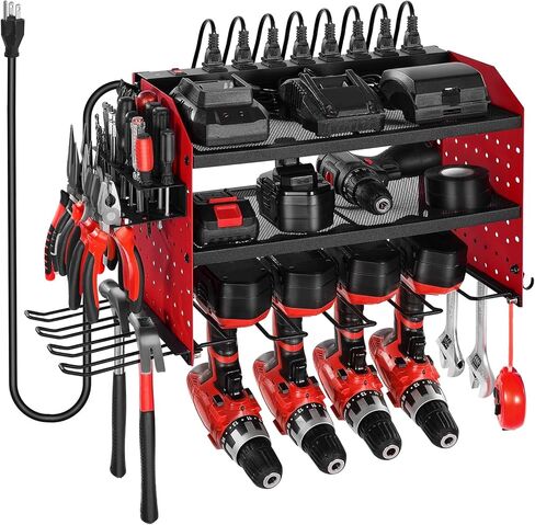 VEVOR Power Tool Organizer with Charging Station, 3-Layer Drill Storage Rack with 4 Drill Holders & Side Pegboard, Garage Tool Organizer Built in 8 Outlet Power Strips for Garage, Workbench, Workshop in Saudi Arabia